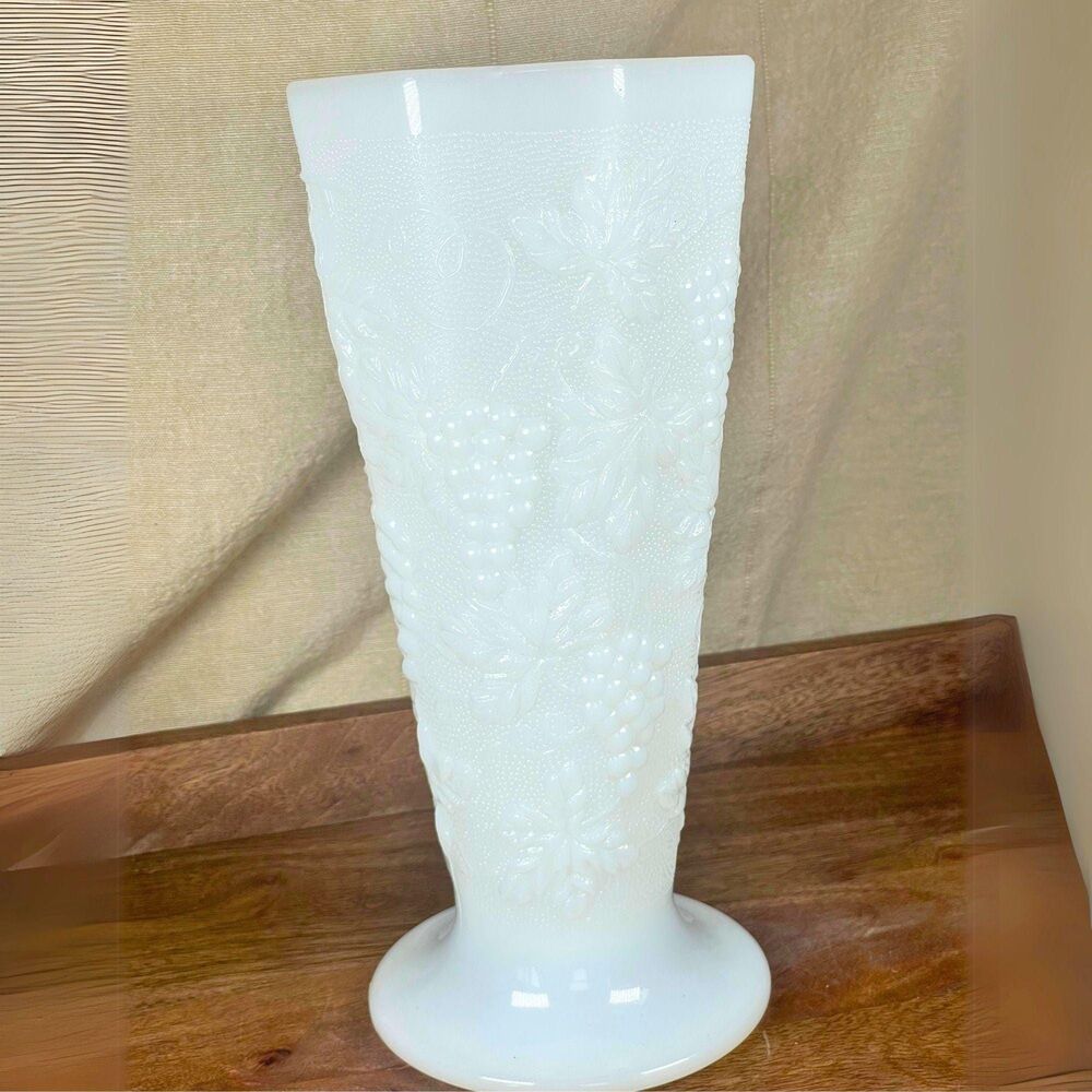 Vintage Anchor Hocking Milk Glass Footed Vase – Grape & Vine Pattern, 10” Tall